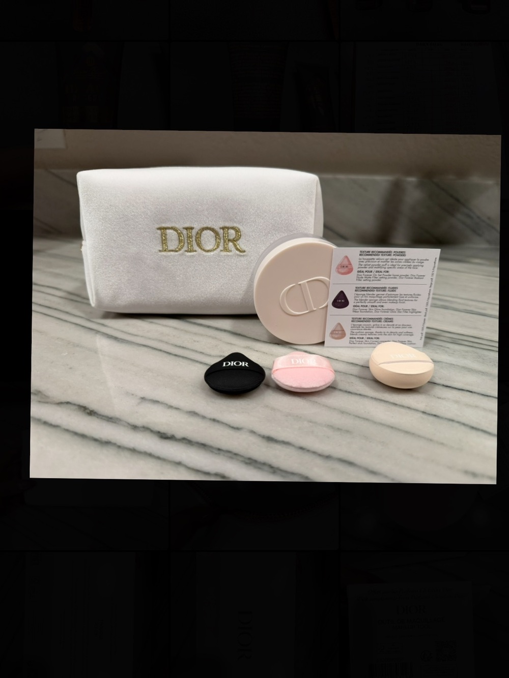 Dior White Velvet Pouch with Pink, Black & foundation cushion tools